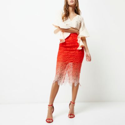 Red ombre lace midi pencil skirt